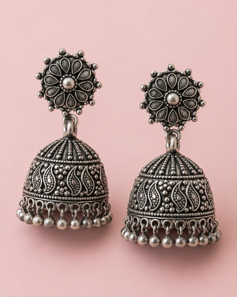 Oxidised Silver Jhumka Earrings