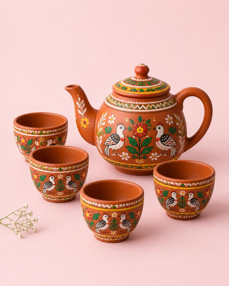 Hand-Painted Terracotta Tea Set